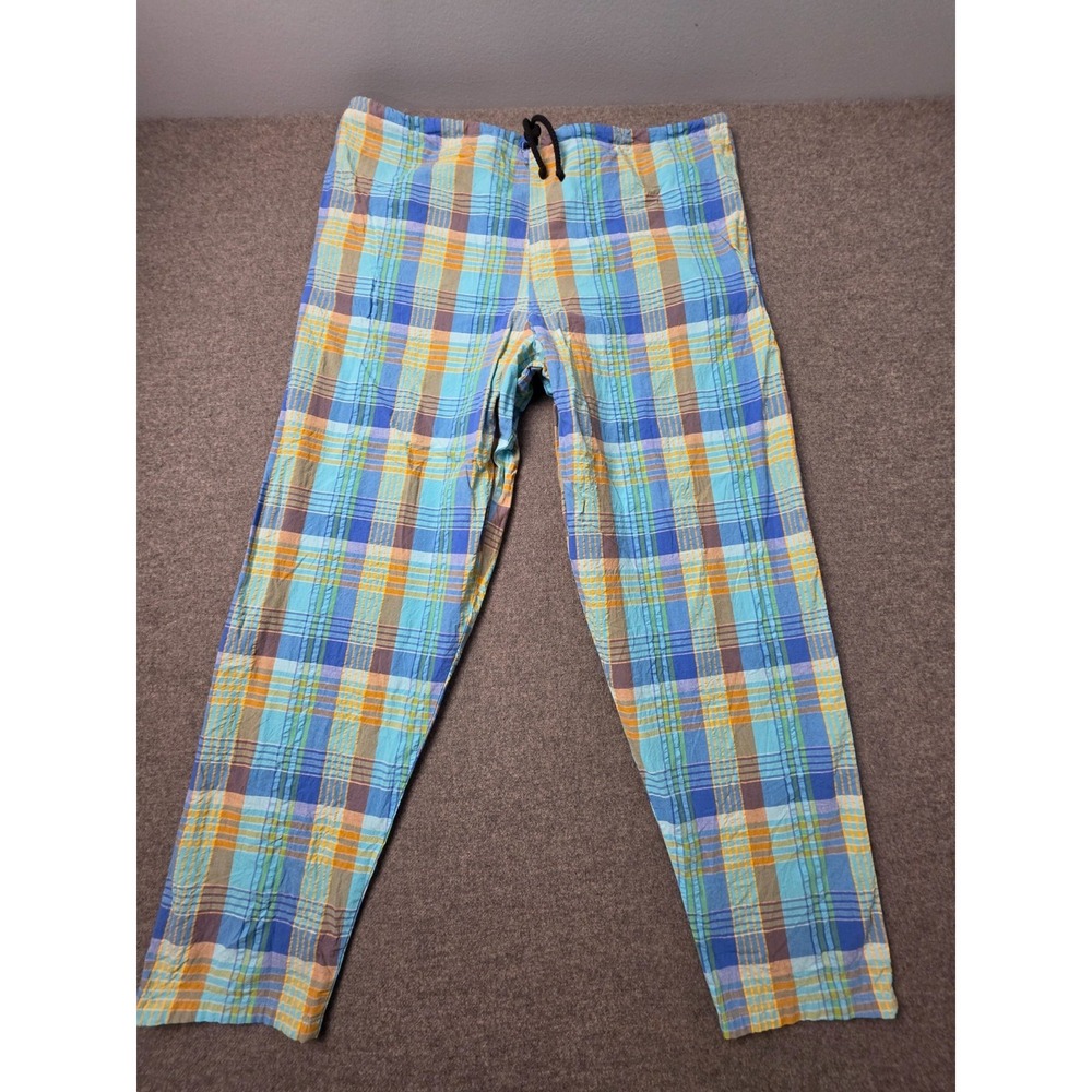 SKIDZ Lounge Pants Men One Size Fits All Blue Yellow Plaid Flat Front Drawstring